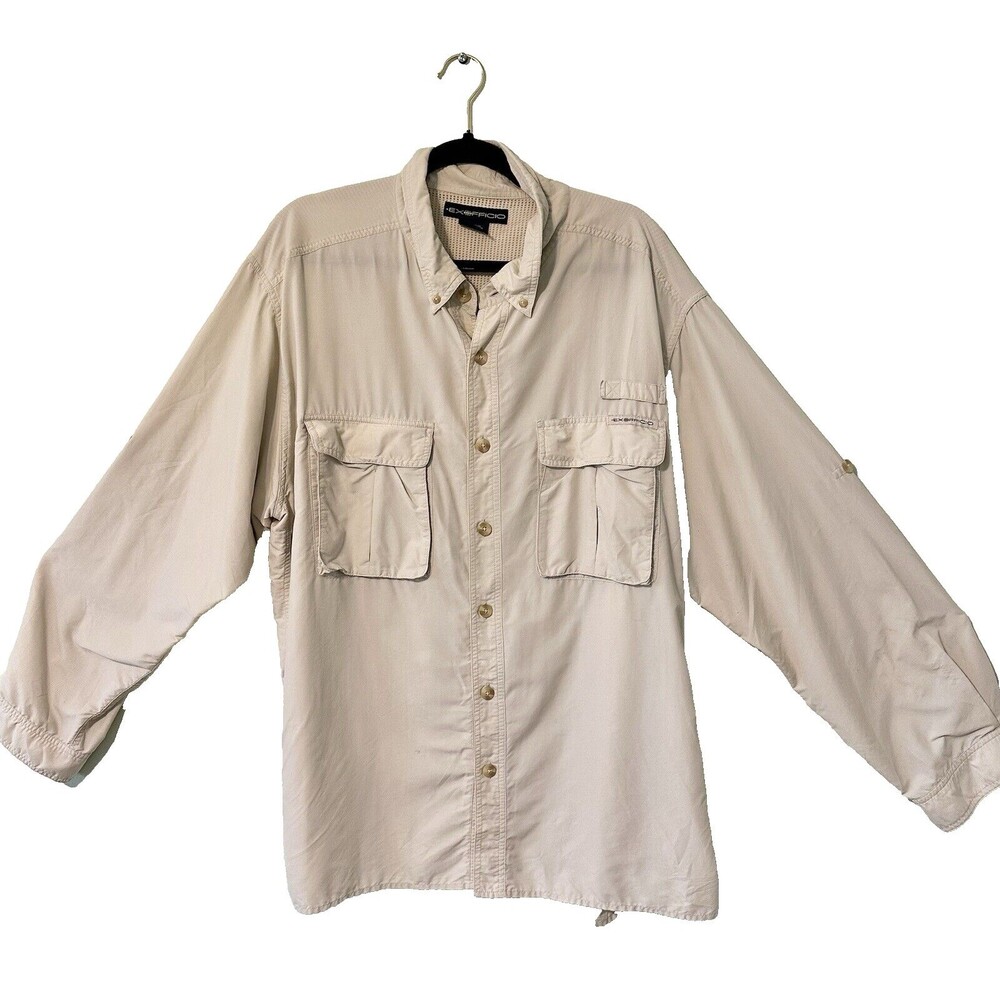 ExOfficio‎ Shirt Mens XXL Beige Tan Brown Nylon Vented Mesh Hiking Outdoors